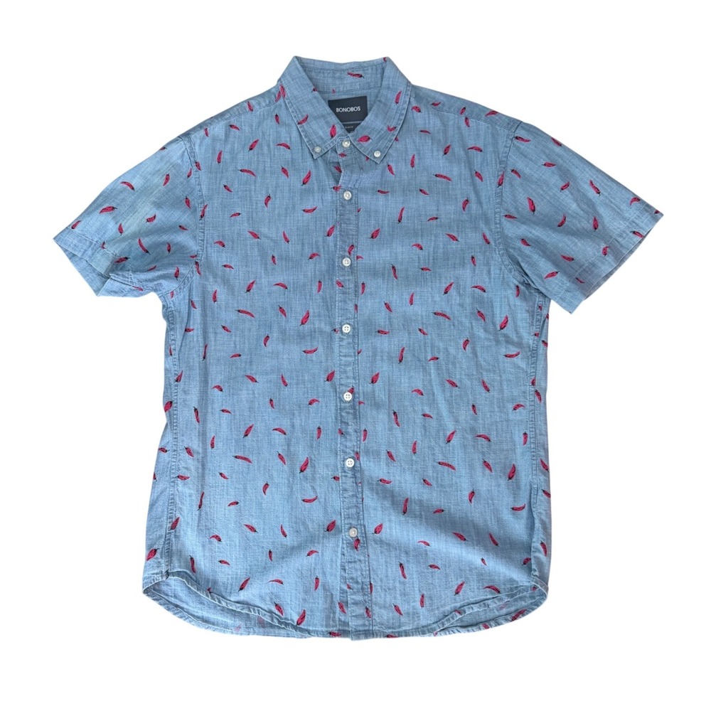 Bonobos Mens Large Slim Fit Short Sleeve Chili Pepper Button Down Shirt Blue - Picture 1 of 9